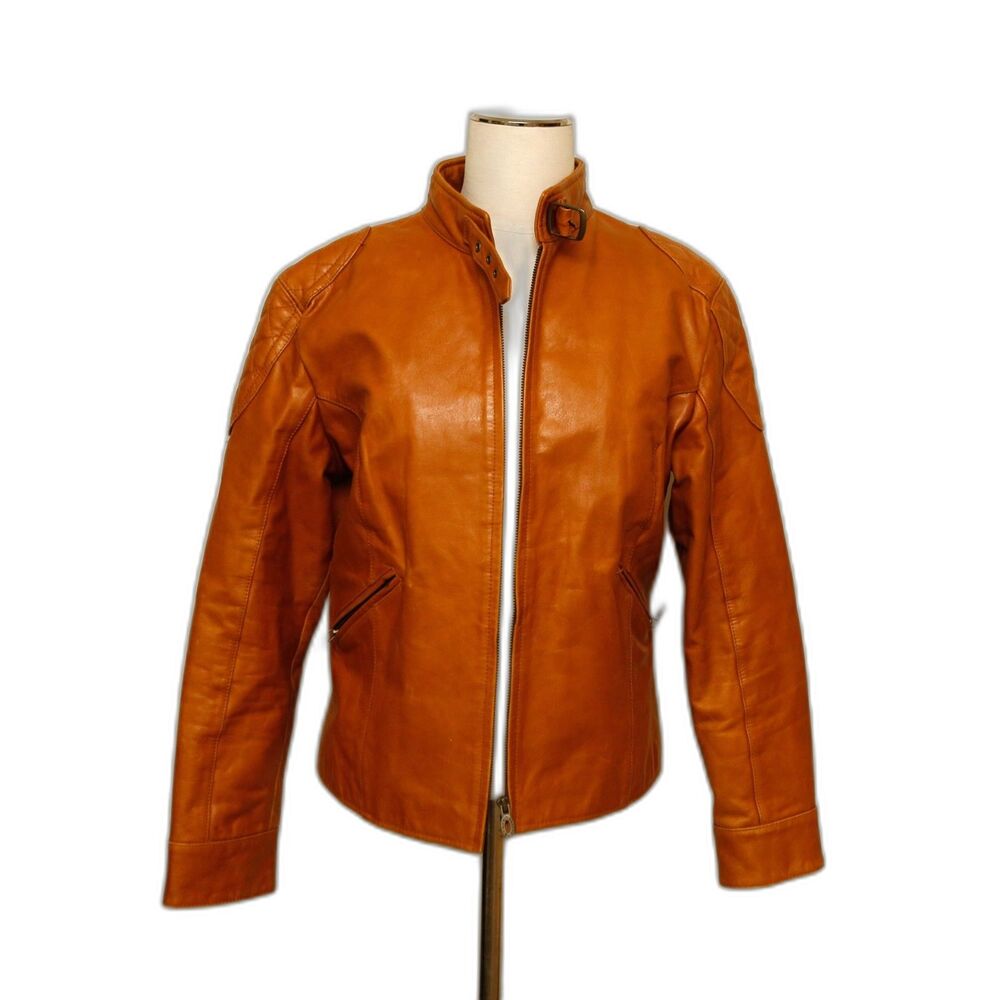 Steve Madden Genuine Leather Moto Jacket Camel Orange Quilted Shoulder  L